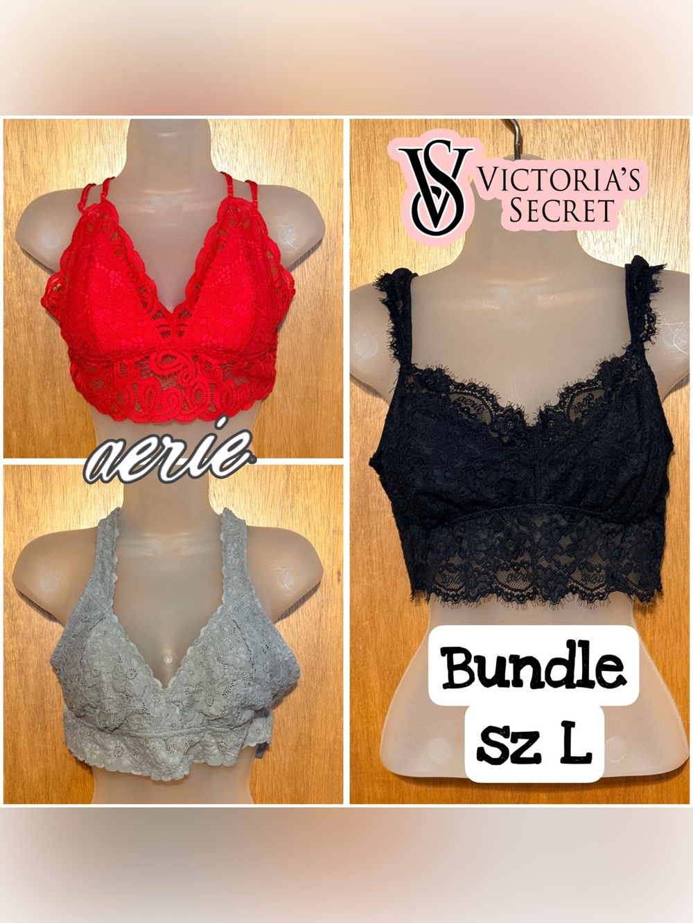 Aerie & Victoria’s Secret Lace Bra 3-Piece Bundle sz L